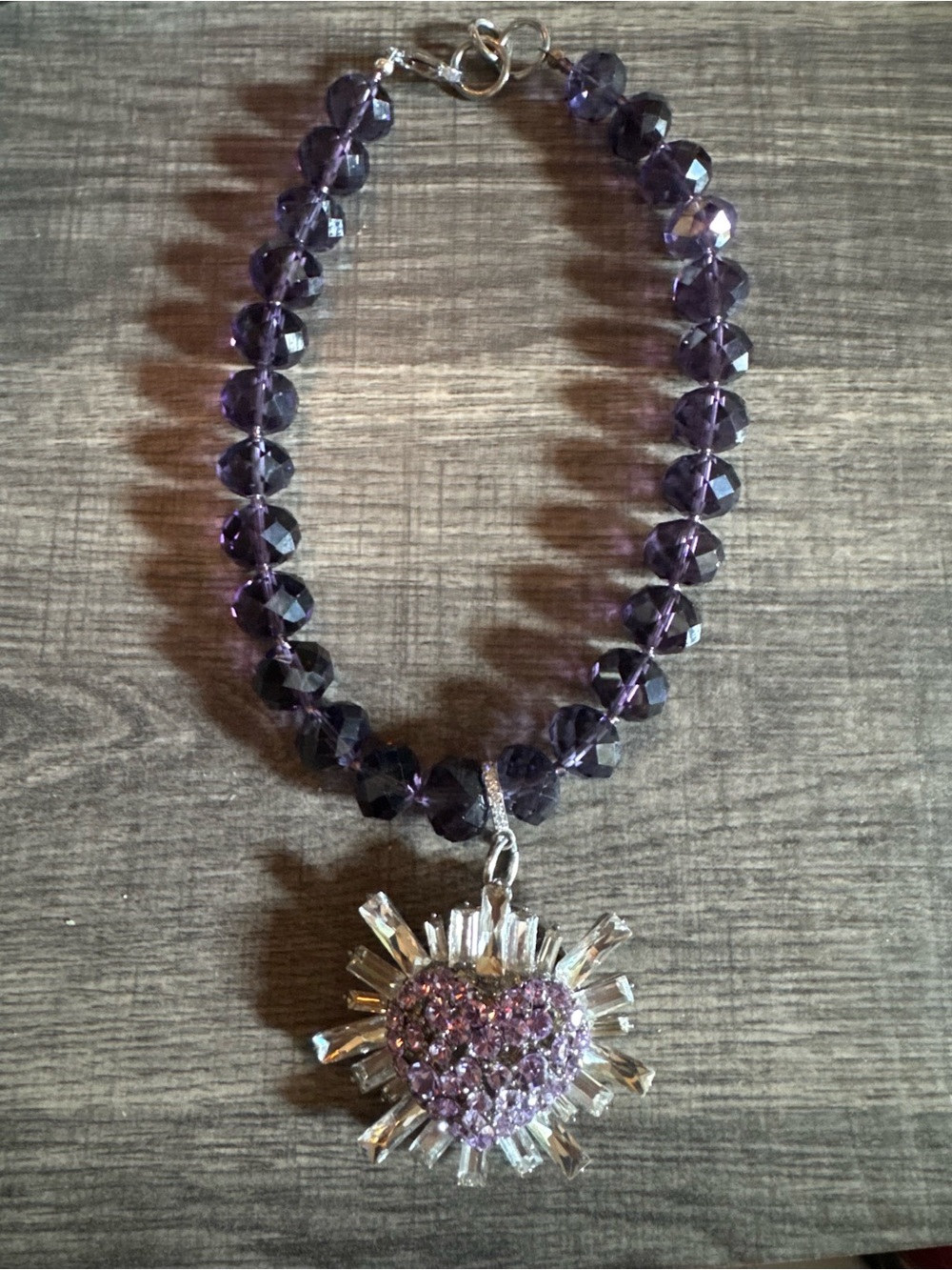 "Consigning Soon" Amethyst Crystal Bead Necklace with Purple Heart Pendant